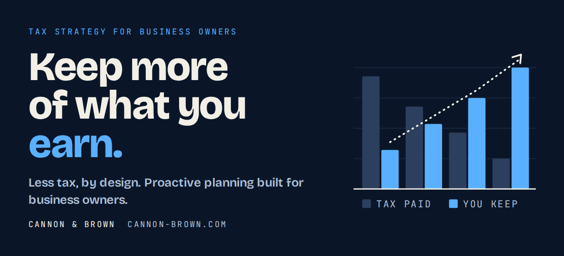 Keep more of what you earn. Less tax, by design. Proactive planning built for business owners. Bar chart comparing tax paid with what you keep, with what you keep rising each year.