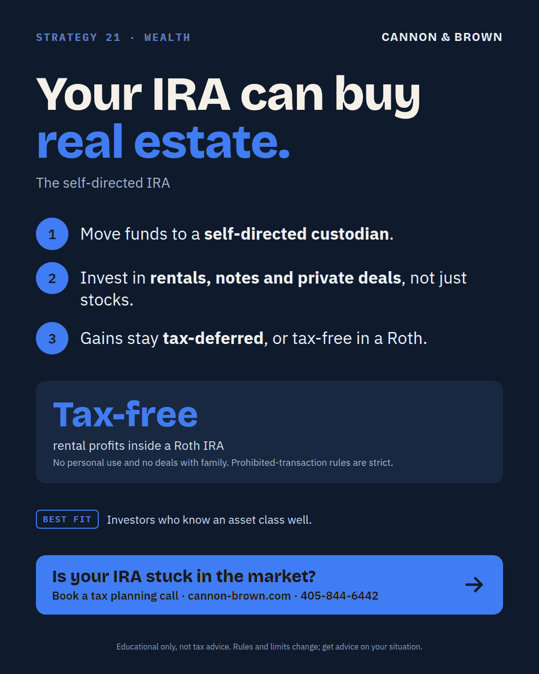 Graphic titled Your IRA can buy real estate, the self-directed IRA. Move funds to a self-directed custodian. Invest in rentals, notes, and private deals, not just stocks. Gains stay tax-deferred, or tax-free in a Roth. Tax-free rental profits inside a Roth IRA. No personal use and no deals with family; prohibited-transaction rules are strict. Best fit: investors who know an asset class well.