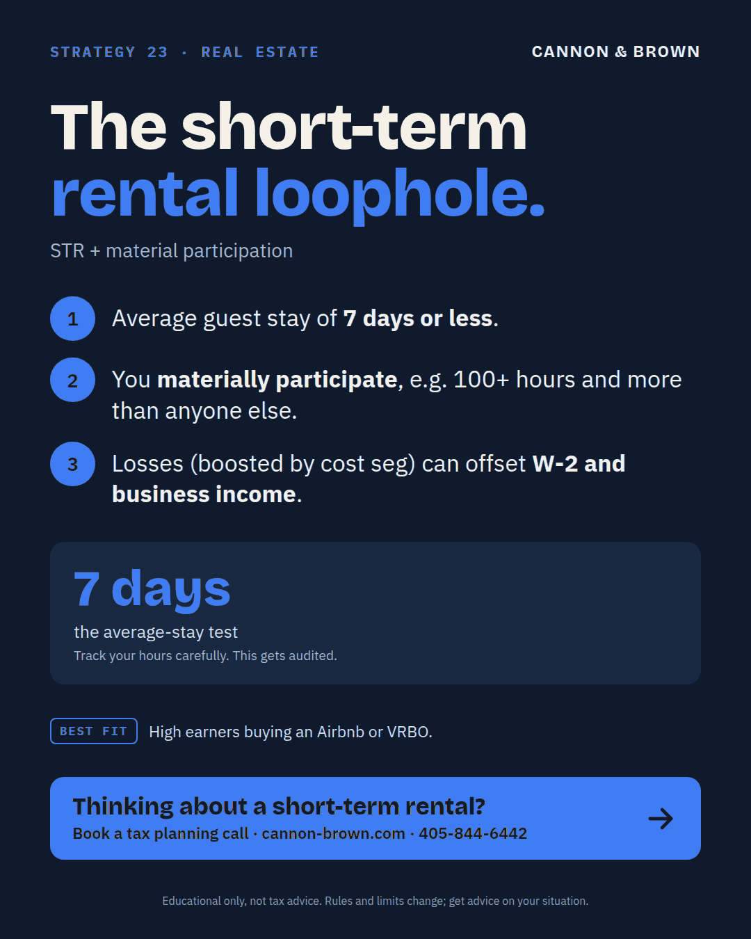 Graphic titled The short-term rental loophole, STR plus material participation. One, average guest stay of 7 days or less. Two, you materially participate, for example 100 or more hours and more than anyone else. Three, losses, boosted by cost segregation, can offset W-2 and business income. 7 days is the average-stay test. Track your hours carefully; this gets audited. Best fit: high earners buying an Airbnb or VRBO.