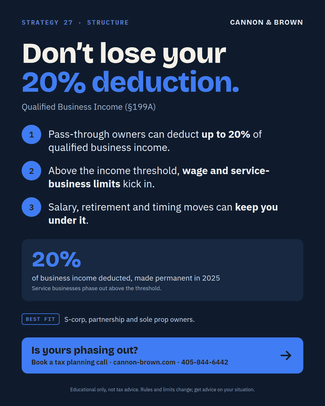 Graphic titled Don’t lose your 20% deduction, Qualified Business Income, Section 199A. One, pass-through owners can deduct up to 20% of qualified business income. Two, above the income threshold, wage and service-business limits kick in. Three, salary, retirement and timing moves can keep you under it. 20% of business income deducted, made permanent in 2025. Service businesses phase out above the threshold. Best fit: S corp, partnership and sole prop owners.
