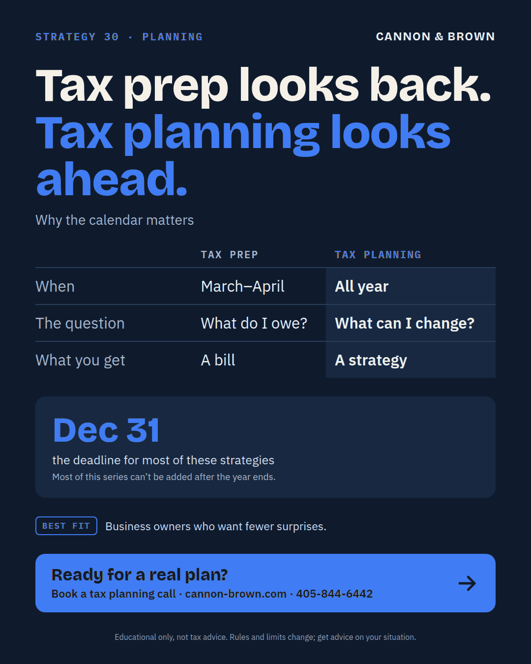 Graphic titled Tax prep looks back. Tax planning looks ahead. Why the calendar matters. Tax prep happens March to April, asks what do I owe, and gets you a bill. Tax planning happens all year, asks what can I change, and gets you a strategy. December 31 is the deadline for most of these strategies; most of this series can’t be added after the year ends. Best fit: business owners who want fewer surprises.