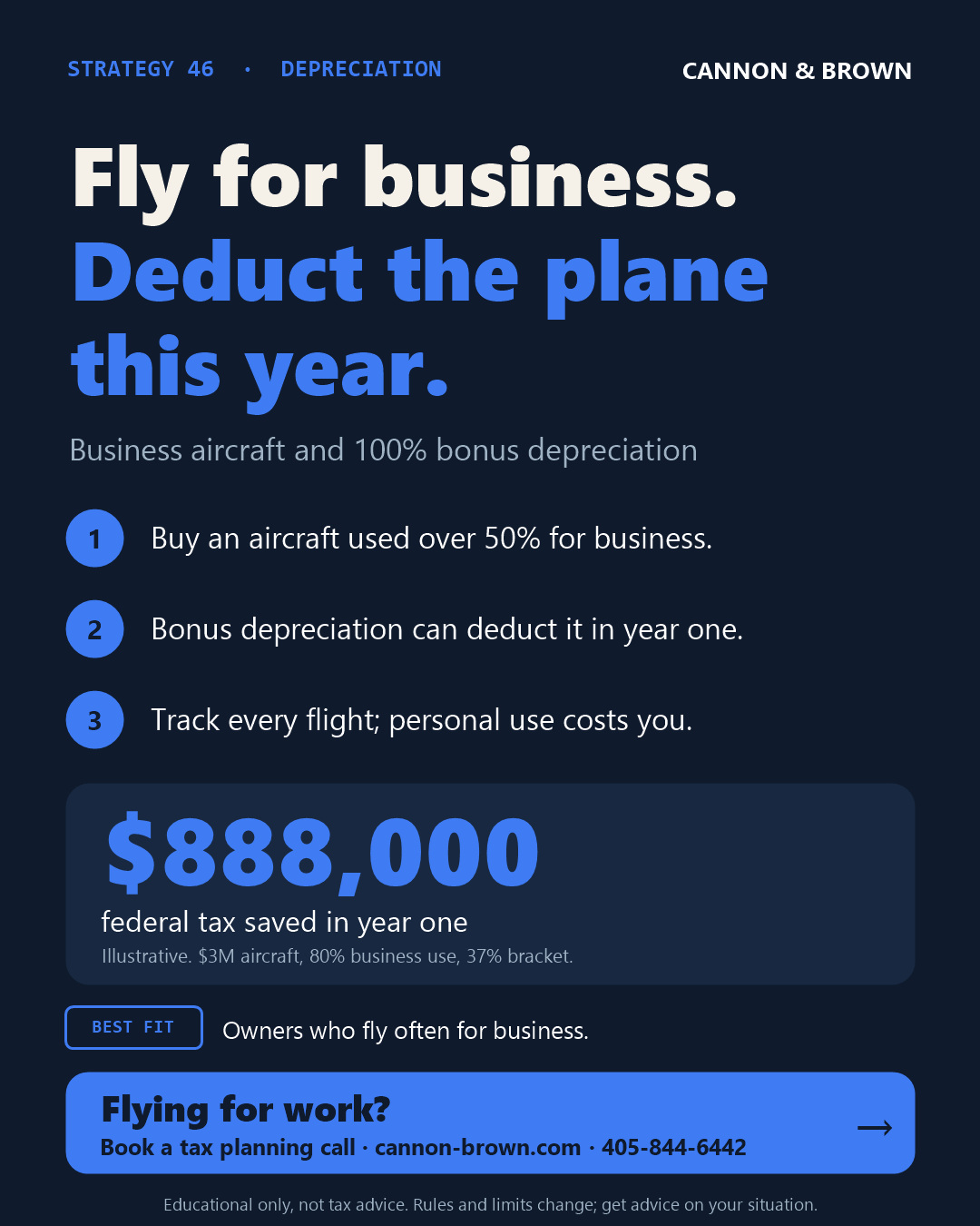 Graphic titled Fly for business. Deduct the plane this year. Business aircraft and 100% bonus depreciation. One, buy an aircraft used over 50% for business. Two, bonus depreciation can deduct it in year one. Three, track every flight; personal use costs you. $888,000 federal tax saved in year one. Illustrative: $3 million aircraft, 80% business use, 37% bracket. Best fit: owners who fly often for business.